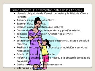 Humano : con calidad , calidez y personalizadoPROCESOS BÁSICOS PARA EL CONTROL PRENATAL1	Apertura de Historia Clínica Perinatal Base Completa (CLAP), en la primera consulta.2	Llenado del carnet  perinatal (CP)	Identificación de Alto Riesgo Obstétrico mediante un sello  en carnet perinatal.3	Anamnesis y examen físico completo.4	Exámenes de ayuda  al diagnóstico5	Detección precoz de cáncer ginecológico6	Evaluación  nutricional.