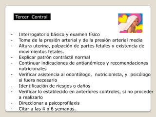 Sugerencias a gestanteComunicar sobre situación, nivel de riesgo.Periodicidad de control .Alimentación balanceada .Actividad física y descanso.Actividad sexual .Vestimenta, deportes, viajes .