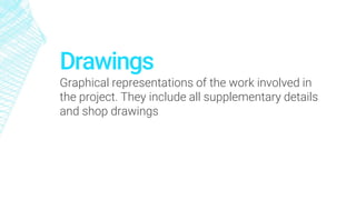 Drawings
Graphical representations of the work involved in
the project. They include all supplementary details
and shop drawings
 