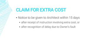 CLAIM FOR EXTRA COST
▪ Notice to be given to Architect within 15 days
▪ after receipt of instruction involving extra cost, or
▪ after recognition of delay due to Owner’s fault
 