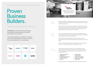 UA Projects has led over 500 businesses through
technological change, delivering an accountable
talent solution every single time.
This partnership approach is why 86% of our growth
has come from referrals. But don’t take our word for it,
find out what clients think in our case studies.
Reckitt Benckiser (RB) are a global FMCG business renowned for producing a number of health,
hygiene and home products including Dettol, Durex, Air Wick, Nurofen, Vanish, Harpic, Strepsils
and Clearasil amongst others.
These products are sold in over 200 locations worldwide. RB are dedicated to investing heavily
in research and development to find new ways for people to look after themselves, their families
and homes. With a Central Headquarters in Slough, RB truly are a global business with over
37,000 staff across 60 locations and a turnover of over £10 billion.
The
Client
Over a period of time RB strategically acquired a number of businesses globally, resulting in an
extremely fragmented IS function. The CIO was tasked with driving innovation and transforming
IS into one shared service to support the Global business.
Uniting Ambition were retained by RB’s IS Director to initially support the creation of an
Enterprise Architecture function, allowing the rationalisation of its outsource partners to one key
supplier.
Due to the size and scale of RB, Uniting Ambition were presented with a number of challenges
around culture, integration of existing business units and availability of talent.
The
Brief
Uniting Ambition initially worked closely with the IS Director and HR Business Partner to
help build a highly influential Enterprise Architecture function. Following the success of this
partnership, we delivered a number of key interim and permanent roles within RB. This has
included the placements of:
RB’s strategic programmes are still in flight and we continue to support their talent strategy.
The
Solution
•	 IS Supply Chain Directors
•	 IS R&D Directors
•	 IS Technical Services Directors
•	 Programme Managers
•	 Architects
•	 Project Managers
•	 Business Analysts
•	 Service Delivery Managers
•	 Global Licensing Managers
•	 PMO Managers
Reckitt Benckiser take advantage of UA
Projects to support a transformation
programme of their IS function
 