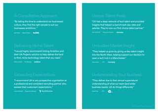 Proven Success Stories
The Proven Project Solution
“They helped us grow by giving us key talent insight
into the North West, helping support our decision to
open a tech hub in a Manchester.”
Peter Donlon 	 CTO
“UA had a deep network of tech talent and provided
insights that helped us benchmark day rates and
salaries. They’re now our first choice talent partner.”
Kevin McGinley	 Programme Director 	
“By taking the time to understand our businesses’
culture, they find the right people to suit our
businesses ambitions. ”
“I would highly recommend Uniting Ambition and
their UA Projects solution to help deliver the hard
to find, niche technology talent that you need.”
Nathan Rourke 	 Test Manager
“I recommend UA to any prospective organisation as
a professional and consistent recruiting partner who
exceed their customers’ expectations.”
Louisa Tattersall 	 Programme Manager 	
AConsultativeApproach
DeliveringNicheTalent
ExceedingExpectations
UniqueTalentPools
UnrivalledMarketInsight
UnderstandingYourBusiness
“They deliver due to their almost supernatural
understanding of what our team (and wider
business needs). UA do things differently.”
Daniel Pass 	 CTO
 