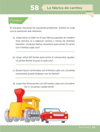 123Tercer grado |
En equipos, resuelvan los siguientes problemas. Anoten en cada
uno la operación que utilizaron.
a)	 Jorge tiene un taller en el que fabrica juguetes de madera.
Esta semana va a elaborar carritos y trenes de distintos
tamaños. ¿Cuántas llantas necesitará para armar 15 carros
con 4 llantas cada uno?
	 
b)	Jorge utilizó 80 llantas para armar 8 camioncitos iguales.
¿Cuántas llantas le puso a cada uno?
	 
c)	 Quiere hacer camionetas con 6 llantas cada una. ¿Cuántas
camionetas puede elaborar con 54 llantas?
	 
d)	Jorge hizo 18 trenecitos con 20 ruedas cada uno y le sobra-
ron 5. ¿Cuántas ruedas tenía?
	 
Actividad 1Actividad 1
Actividad 2Actividad 2
Actividad 3Actividad 3
Actividad 4Actividad 4
Consigna 1Consigna 1
Consigna 2Consigna 2
Consigna 3Consigna 3
Consigna 4Consigna 4
ConsignaConsigna
58 La fábrica de carritos
Actividad 1Actividad 1
Actividad 2Actividad 2
Actividad 3Actividad 3
Actividad 4Actividad 4
Consigna 1Consigna 1
Consigna 2Consigna 2
Consigna 3Consigna 3
Consigna 4Consigna 4
ConsignaConsigna
ETC-DESAFIOS-ALUM-3-P-105-140.indd 123 02/05/14 10:47
 