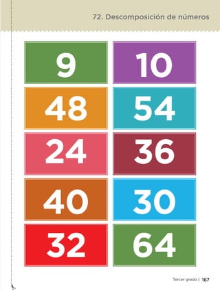167Tercer grado |
9
48
24
40
32
10
54
36
30
64
72. Descomposición de números
ETC-DESAFIOS-ALUM-3-P-163-224.indd 167 02/05/14 10:50
 