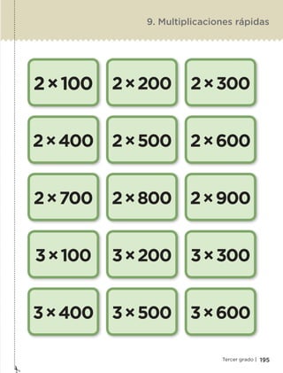 195Tercer grado |
9. Multiplicaciones rápidas
2×100
2×400
2×700
3×100
3×400
2×200
2×500
2×800
3×200
3×500
2×300
2×600
2×900
3×300
3×600
ETC-DESAFIOS-ALUM-3-P-163-224.indd 195 02/05/14 10:50
 