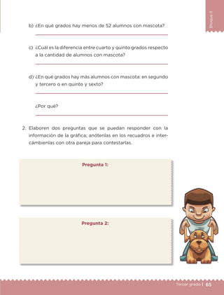 65Tercer grado |
BloqueII
Pregunta 1:
b)	¿En qué grados hay menos de 52 alumnos con mascota?
	 
c)	 ¿Cuál es la diferencia entre cuarto y quinto grados respecto
a la cantidad de alumnos con mascota?
	 
d)	¿En qué grados hay más alumnos con mascota: en segundo
y tercero o en quinto y sexto?
	 
	 ¿Por qué?
	 
2.	Elaboren dos preguntas que se puedan responder con la
información de la gráfica; anótenlas en los recuadros e inter-
cámbienlas con otra pareja para contestarlas.
Pregunta 2:
ETC-DESAFIOS-ALUM-3-P-041-068.indd 65 02/05/14 10:43
 