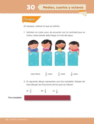 70 | Desafíos matemáticos
En equipos, realicen lo que se solicita.
1.	 Señalen en cada vaso, de acuerdo con la cantidad que se
indica, hasta dónde debe llegar el nivel del agua.
2.	El siguiente dibujo representa una tira completa. Debajo de
ésta dibujen las fracciones de tira que se indican:
a)		
2
1
		 b)
4
1 		 c)
8
1
Tira completa
vaso lleno
2
1
vaso
4
1
vaso
8
1
vaso
Actividad 1Actividad 1
Actividad 2Actividad 2
Actividad 3Actividad 3
Actividad 4Actividad 4
Consigna 1Consigna 1
Consigna 2Consigna 2
Consigna 3Consigna 3
Consigna 4Consigna 4
ConsignaConsigna
30 Medios, cuartos y octavos
Actividad 1Actividad 1
Actividad 2Actividad 2
Actividad 3Actividad 3
Actividad 4Actividad 4
Consigna 1Consigna 1
Consigna 2Consigna 2
Consigna 3Consigna 3
Consigna 4Consigna 4
ConsignaConsigna
ETC-DESAFIOS-ALUM-3-P-069-104.indd 70 02/05/14 16:57
 