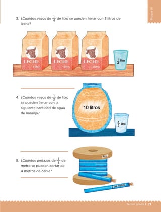 71Tercer grado |
BloqueIII
3.	 ¿Cuántos vasos de
4
1
de litro se pueden llenar con 3 litros de
leche?
	 
4.	 ¿Cuántos vasos de
2
1
de litro
	 se pueden llenar con la
siguiente cantidad de agua
de naranja?
	 
5.	 ¿Cuántos pedazos de
8
1
de
metro se pueden cortar de
4 metros de cable?
	 
ETC-DESAFIOS-ALUM-3-P-069-104.indd 71 02/05/14 10:44
 
