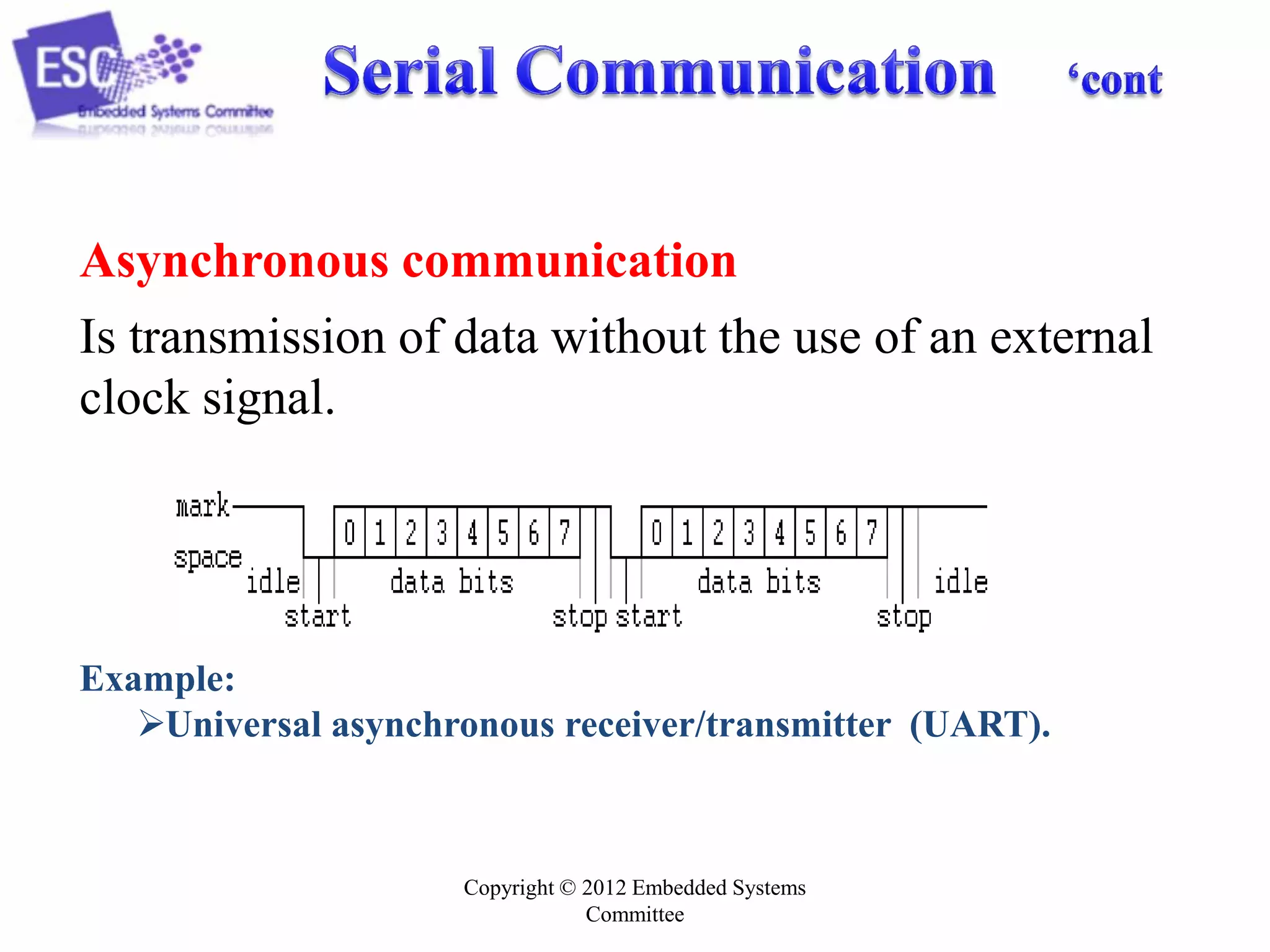 Asynchronous communication
Is transmission of data without the use of an external
clock signal.

Example:
Universal asynchronous receiver/transmitter (UART).

Copyright © 2012 Embedded Systems
Committee

 