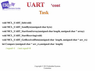void MCL_UART_Init(void)
void MCL_UART_SendByte(unsigned char byte)
void MCL_UART_StartSendArray(unsigned char length, unsigned char * array)
void MCL_UART_StartReceving(void)
void MCL_UART_GetReceivedData(unsigned char length, unsigned char * arr_rx)
int Compare (unsigned char * arr_rx,unsigned char length)
//equal=1 //not equal=0

Copyright © 2012 Embedded Systems
Committee

 