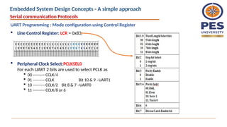  Line Control Register: LCR = 0x83;
Serial communication Protocols
UART Programming : Mode configuration using Control Register
 Peripheral Clock Select:PCLKSEL0
For each UART 2 bits are used to select PCLK as
 00 --------- CCLK/4
 01 --------- CCLK Bit 10 & 9 –UART1
 10 --------- CCLK/2 Bit 8 & 7 –UART0
 11 --------- CCLK/8 or 6
Embedded System Design Concepts - A simple approach
 