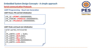 Serial communication Protocols
UART Programming – Baud rate Generation
LPC_SC->PCONP|=0X00000000;
LPC_PINCON->PINSEL0|=0X00000050;
LPC_SC->PCLKSEL0|=0X00000000;
void uart0_init(void)
{
LPC_UART0->LCR = 0x83;
LPC_UART0->DLM=0X00;
LPC_UART0->DLL=0X75;
LPC_UART0->FDR=0X00000010;
LPC_UART0->LCR=0X03;
}
UART Power, PIN and CLK initialization
UART Mode and baud-rate Initialization
Embedded System Design Concepts - A simple approach
 