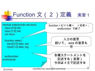 Function 文（ 2 ）定義　実習１
module selector(din,sel,dout)
input [3:0] din;
input [1:0] sel;
out dout;
function select ;
input[3:0] data_sel;
input[1:0] data_sig;
endfunction
endmodule

2013/03/04

function < ビット幅 > 　＜名前＞ ;
endfunction で終了

入力の宣言
続いて、 wire の宣言も
可
各種ステートメントを
記述する（実習）
今回は if 文で記述する
(c)watabe kinji, kaizen@wh.commufa.jp

21

 