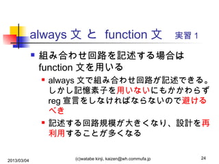 always 文 と function 文　実習１


組み合わせ回路を記述する場合は
function 文を用いる




2013/03/04

always 文で組み合わせ回路が記述できる。
しかし記憶素子を用いないにもかかわらず
reg 宣言をしなければならないので避ける
べき
記述する回路規模が大きくなり、設計を再
利用することが多くなる
(c)watabe kinji, kaizen@wh.commufa.jp

24

 