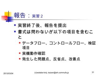 報告：実習２



実習終了後、報告を提出
書式は問わないが以下の項目を含むこ
と





2013/03/04

データフロー、コントロールフロー、検証
項目
実機動作確認
発生した問題点、反省点、改善点
(c)watabe kinji, kaizen@wh.commufa.jp

31

 