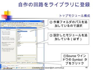 自作の回路をライブラリに登録
　　　　　　　　
トップモジュール構成

② 作業フォルダのパスを追
加しているので選択
③ 設計したモジュールを追
加している（はず）

①Source ウイン
ドウの Symbol タ
ブをクリック
2013/03/04

(c)watabe kinji, kaizen@wh.commufa.jp

46

 