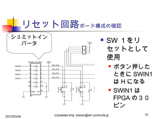 リセット回路ボード構成の確認
シュミットイン
バータ



SW １をリ
セットとして
使用




2013/03/04

(c)watabe kinji, kaizen@wh.commufa.jp

ボタン押した
ときに SWIN1
は H になる
SWIN1 は
FPGA の３０
ピン
51

 