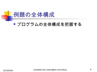 例題の全体構成


2013/03/04

プログラムの全体構成を把握する

(c)watabe kinji, kaizen@wh.commufa.jp

9

 