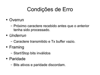 Condições de Erro Overrun Próximo caractere recebido antes que o anterior tenha sido processado. Underrun Caractere transmitido e Tx buffer vazio. Framing Start/Stop bits inválidos Paridade Bits ativos e paridade discordam. 
