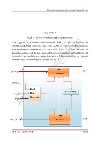 Universal Asynchronous Receive and Transmit IP core
ER & DCI-IT, CDAC TVM Page 8
CHAPTER 5
UART-Universal Asynchronous Receiver/Transmitter
It is a type of "asynchronous receiver/transmitter". UART is a piece of hardware that
translates data between parallel and serial forms. UARTs are commonly used in conjunction
with communication standards such as EIA RS-232, RS-422 or RS-485. The universal
designation indicates that the data format and transmission speeds are configurable and that
the actual electric signalling levels and methods (such as differential signalling etc.) typically
are handled by a special driver circuit external to the UART.
8 1 TXD
ENABLE
SCLK
BRR
DA A 8 1 RXDDATA_OUT
8
8 Uart
Transmitter
Baud
Rate
Generator
Uart
Receiver
Control Reg.
DATA_IN
8
 