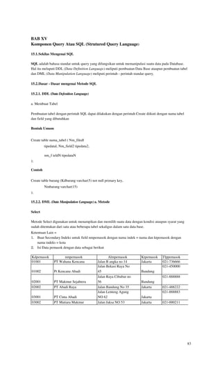 BAB XV
Komponen Query Atau SQL (Strutured Query Language)

15.1. Sekilas Mengenai SQL

SQL adalah bahasa standar untuk query yang difungsikan untuk memanipulasi suatu data pada Database.
Hal itu meluputi DDL (Data Definition Language) meliputi pembuatan Data Base ataupun pembuatan tabel
dan DML (Data Manipulation Language) meliputi perintah - perintah standar query.

15.2. Dasar - Dasar mengenai Metode SQL

15.2.1. DDL (Data Defenition Language)

a. Membuat Tabel

Pembuatan tabel dengan perintah SQL dapat dilakukan dengan perintah Create diikuti dengan nama tabel
dan field yang dibutuhkan

Bentuk Umum


Create table nama_tabel ( Nm_filedl
         tipedatal, Nm_field2 tipedata2,

         nm_f ieldN tipedataN
);

Contoh

Create table barang (Kdbarang varchar(5) not null primary key,
         Nmbarang varchar(15)
);

15.2.2. DML (Data Manipulation Language) a. Metode

Select

Metode Select digunakan untuk menampikan dan memilih suatu data dengan kondisi ataupun syarat yang
sudah ditentukan dari satu atau beberapa tabel sekaligus dalam satu data base.
Ketentuan Lain =
1. Buat Secondary Indeks untuk field nmpemasok dengan nama indek = nama dan ktpemasok dengan
    nama indeks = kota
2. Isi Data pemasok dengan data sebagai berikut

Kdpemasok           nmpemasok                      Almpemasok           Ktpemasok    Tlppemasok
01001          PT Wahana Kencana            Jalan B angka no 14         Jakarta      021-736666
                                            Jalan Bekasi Raya No                     021-450000
01002          Pt Kencana Abadi             45                          Bandung
                                            Jalan Raya Cibubur no                    021-888888
02001          PT Makmur Sejahtera          56                          Bandung
02002          PT Abadi Raya                Jalan Bandung No 35         Jakarta      021-488222
                                            Jalan Lenteng Agung                      021-888883
03001          PT Cinta Abadi               NO 62                       Jakarta
03002          PT Mutiara Makmur            Jalan Jaksa NO 53           Jakarta      021-000211




                                                                                                       83
 