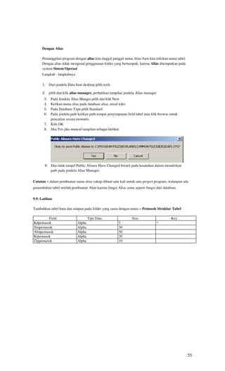 Dengan Alias

      Pemanggilan program dengan alias kita tinggal panggil nama Alias baru kita tuliskan nama tabel.
      Dengan alias tidak mengenal penggunaan folder yang bertumpuk, karena Alias ditempatkan pada
      system Sistem Operasi
      Langkah - langkahnya

      1. Dari jendela Data base desktop pilih tools

      2. pilih dan klik alias manager, perhatikan tampilan jendela Alias manager
       3. Pada Jendela Alias Manger pilih dan klik New
       4. Ketikan nama alias pada database alias, misal toko
       5. Pada Database Type pilih Standard
       6. Pada jendela path ketikan path tempat penyimpanan field tabel atau klik browse untuk
          pencarian secara otomatis.
       7. Klik OK
       8. Jika Yes jika muncul tampilan sebagai berikut




       9. Jika tidak tampil Public Aliases Have Changed berarti pada kesalahan dalam menuliskan
          path pada jendela Alias Manager.

Catatan = dalam pembuatan nama alias cukup dibuat satu kali untuk satu project program, walaupun ada
penambahan tabel setelah pembuatan Alias karena fungsi Alias sama seperti fungsi dari database.


9.9. Latihan

Tambahkan tabel baru dan simpan pada folder yang sama dengan nama = Pemasok Struktur Tabel

        Field                        Tipe Data                   Size                      Key
Kdpemasok                    Alpha                      5                          *
Nmpemasok                    Alpha                      30
Almpemasok                   Alpha                      50
Ktpemasok                    Alpha                      20
Tlppemasok                   Alpha                      10




                                                                                                        55
 