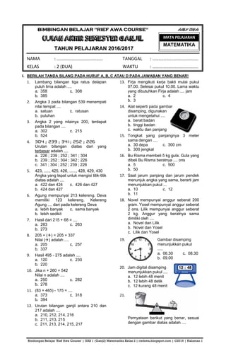 Bimbingan Belajar 'Rief Awa Course' | UAS 1 (Ganjil) Matematika Kelas 2 | riefawa.blogspot.com | ©2016 | Halaman 1
BBIIMMBBIINNGGAANN BBEELLAAJJAARR ""RRIIEEFF AAWWAA CCOOUURRSSEE""
UUJJIIAANN AAKKHHIIRR SSEEMMEESSTTEERR GGAANNJJIILL
TTAAHHUUNN PPEELLAAJJAARRAANN 22001166//22001177
NAMA : ..................................... TANGGAL : .....................................
KELAS : 2 (DUA) WAKTU : .....................................
I. BERILAH TANDA SILANG PADA HURUF A, B, C ATAU D PADA JAWABAN YANG BENAR!
1. Lambang bilangan tiga ratus delapan
puluh lima adalah ....
a. 358 c. 308
b. 385
2. Angka 3 pada bilangan 539 menempati
nilai tempat ....
a. satuan c. ratusan
b. puluhan
3. Angka 2 yang nilainya 200, terdapat
pada bilangan ....
a. 302 c. 215
b. 524
4. 304 ; 239 ; 341; 252 ; 226
Urutan bilangan diatas dari yang
terbesar adalah ....
a. 226 ; 239 ; 252 ; 341 ; 304
b. 239 ; 252 ; 304 ; 342 ; 226
c. 341 ; 304 ; 252 ; 239 ; 226
5. 423, ....., 425, 426, ......, 428, 429, 430
Angka yang tepat untuk mengisi titik-titik
diatas adalah ....
a. 422 dan 424 c. 426 dan 427
b. 424 dan 427
6. Agung mempunyai 213 kelereng. Deva
memiliki 123 kelereng. Kelereng
Agung .... dari pada kelereng Deva
a. lebih banyak c. sama banyak
b. lebih sedikit
7. Hasil dari 215 + 68 = ....
a. 283 c. 263
b. 273
8. 205 + () = 205 + 337
Nilai () adalah ....
a. 205 c. 257
b. 337
9. Hasil 495 - 275 adalah ....
a. 120 c. 230
b. 220
10. Jika n + 260 = 542
Nilai n adalah ....
a. 250 c. 282
b. 278
11. (83 + 465) - 175 = ....
a. 373 c. 318
b. 394
12. Urutan bilangan ganjil antara 210 dan
217 adalah ....
a. 210, 212, 214, 216
b. 211, 213, 215
c. 211, 213, 214, 215, 217
13. Firja mengikuti kerja bakti mulai pukul
07.00. Selesai pukul 10.00. Lama waktu
yang dibutuhkan Firja adalah .... jam
a. 2 c. 4
b. 3
14. Alat seperti pada gambar
disamping, digunakan
untuk mengetahui ....
a. berat badan
b. tinggi badan
c. waktu dan panjang
15. Tongkat yang panjangnya 3 meter
sama dengan ....
a. 30 depa c. 300 cm
b. 300 jengkal
16. Bu Risma membeli 5 kg gula. Gula yang
dibeli Bu Risma beratnya .... ons
a. 5 c. 500
b. 50
17. Saat jarum panjang dan jarum pendek
menunjuk angka yang sama, berarti jam
menunjukkan pukul ...
a. 10 c. 12
b. 11
18. Novel mempunyai anggur seberat 200
gram. Yosel mempunyai anggur seberat
2 ons. Lilik mempunyai anggur seberat
2 kg. Anggur yang beratnya sama
dimiliki oleh ....
a. Novel dan Lilik
b. Novel dan Yosel
c. Lilik dan Yosel
19. Gambar disamping
menunjukkan pukul
.....
a. 06.30 c. 08.30
b. 09.00
20. Jam digital disamping
menunjukkan pukul ....
a. 12 lebih 48 menit
b. 12 lebih 48 detik
c. 12 kurang 48 menit
21.
Pernyataan berikut yang benar, sesuai
dengan gambar diatas adalah ....
MATA PELAJARAN
MATEMATIKA
TTRRYY OOUUTT
Bimbingan Belajar 'Rief Awa Course' | UAS 1 (Ganjil) Matematika Kelas 2 | riefawa.blogspot.com | ©2016 | Halaman 1
BBIIMMBBIINNGGAANN BBEELLAAJJAARR ""RRIIEEFF AAWWAA CCOOUURRSSEE""
UUJJIIAANN AAKKHHIIRR SSEEMMEESSTTEERR GGAANNJJIILL
TTAAHHUUNN PPEELLAAJJAARRAANN 22001166//22001177
NAMA : ..................................... TANGGAL : .....................................
KELAS : 2 (DUA) WAKTU : .....................................
I. BERILAH TANDA SILANG PADA HURUF A, B, C ATAU D PADA JAWABAN YANG BENAR!
1. Lambang bilangan tiga ratus delapan
puluh lima adalah ....
a. 358 c. 308
b. 385
2. Angka 3 pada bilangan 539 menempati
nilai tempat ....
a. satuan c. ratusan
b. puluhan
3. Angka 2 yang nilainya 200, terdapat
pada bilangan ....
a. 302 c. 215
b. 524
4. 304 ; 239 ; 341; 252 ; 226
Urutan bilangan diatas dari yang
terbesar adalah ....
a. 226 ; 239 ; 252 ; 341 ; 304
b. 239 ; 252 ; 304 ; 342 ; 226
c. 341 ; 304 ; 252 ; 239 ; 226
5. 423, ....., 425, 426, ......, 428, 429, 430
Angka yang tepat untuk mengisi titik-titik
diatas adalah ....
a. 422 dan 424 c. 426 dan 427
b. 424 dan 427
6. Agung mempunyai 213 kelereng. Deva
memiliki 123 kelereng. Kelereng
Agung .... dari pada kelereng Deva
a. lebih banyak c. sama banyak
b. lebih sedikit
7. Hasil dari 215 + 68 = ....
a. 283 c. 263
b. 273
8. 205 + () = 205 + 337
Nilai () adalah ....
a. 205 c. 257
b. 337
9. Hasil 495 - 275 adalah ....
a. 120 c. 230
b. 220
10. Jika n + 260 = 542
Nilai n adalah ....
a. 250 c. 282
b. 278
11. (83 + 465) - 175 = ....
a. 373 c. 318
b. 394
12. Urutan bilangan ganjil antara 210 dan
217 adalah ....
a. 210, 212, 214, 216
b. 211, 213, 215
c. 211, 213, 214, 215, 217
13. Firja mengikuti kerja bakti mulai pukul
07.00. Selesai pukul 10.00. Lama waktu
yang dibutuhkan Firja adalah .... jam
a. 2 c. 4
b. 3
14. Alat seperti pada gambar
disamping, digunakan
untuk mengetahui ....
a. berat badan
b. tinggi badan
c. waktu dan panjang
15. Tongkat yang panjangnya 3 meter
sama dengan ....
a. 30 depa c. 300 cm
b. 300 jengkal
16. Bu Risma membeli 5 kg gula. Gula yang
dibeli Bu Risma beratnya .... ons
a. 5 c. 500
b. 50
17. Saat jarum panjang dan jarum pendek
menunjuk angka yang sama, berarti jam
menunjukkan pukul ...
a. 10 c. 12
b. 11
18. Novel mempunyai anggur seberat 200
gram. Yosel mempunyai anggur seberat
2 ons. Lilik mempunyai anggur seberat
2 kg. Anggur yang beratnya sama
dimiliki oleh ....
a. Novel dan Lilik
b. Novel dan Yosel
c. Lilik dan Yosel
19. Gambar disamping
menunjukkan pukul
.....
a. 06.30 c. 08.30
b. 09.00
20. Jam digital disamping
menunjukkan pukul ....
a. 12 lebih 48 menit
b. 12 lebih 48 detik
c. 12 kurang 48 menit
21.
Pernyataan berikut yang benar, sesuai
dengan gambar diatas adalah ....
MATA PELAJARAN
MATEMATIKA
TTRRYY OOUUTT
Bimbingan Belajar 'Rief Awa Course' | UAS 1 (Ganjil) Matematika Kelas 2 | riefawa.blogspot.com | ©2016 | Halaman 1
BBIIMMBBIINNGGAANN BBEELLAAJJAARR ""RRIIEEFF AAWWAA CCOOUURRSSEE""
UUJJIIAANN AAKKHHIIRR SSEEMMEESSTTEERR GGAANNJJIILL
TTAAHHUUNN PPEELLAAJJAARRAANN 22001166//22001177
NAMA : ..................................... TANGGAL : .....................................
KELAS : 2 (DUA) WAKTU : .....................................
I. BERILAH TANDA SILANG PADA HURUF A, B, C ATAU D PADA JAWABAN YANG BENAR!
1. Lambang bilangan tiga ratus delapan
puluh lima adalah ....
a. 358 c. 308
b. 385
2. Angka 3 pada bilangan 539 menempati
nilai tempat ....
a. satuan c. ratusan
b. puluhan
3. Angka 2 yang nilainya 200, terdapat
pada bilangan ....
a. 302 c. 215
b. 524
4. 304 ; 239 ; 341; 252 ; 226
Urutan bilangan diatas dari yang
terbesar adalah ....
a. 226 ; 239 ; 252 ; 341 ; 304
b. 239 ; 252 ; 304 ; 342 ; 226
c. 341 ; 304 ; 252 ; 239 ; 226
5. 423, ....., 425, 426, ......, 428, 429, 430
Angka yang tepat untuk mengisi titik-titik
diatas adalah ....
a. 422 dan 424 c. 426 dan 427
b. 424 dan 427
6. Agung mempunyai 213 kelereng. Deva
memiliki 123 kelereng. Kelereng
Agung .... dari pada kelereng Deva
a. lebih banyak c. sama banyak
b. lebih sedikit
7. Hasil dari 215 + 68 = ....
a. 283 c. 263
b. 273
8. 205 + () = 205 + 337
Nilai () adalah ....
a. 205 c. 257
b. 337
9. Hasil 495 - 275 adalah ....
a. 120 c. 230
b. 220
10. Jika n + 260 = 542
Nilai n adalah ....
a. 250 c. 282
b. 278
11. (83 + 465) - 175 = ....
a. 373 c. 318
b. 394
12. Urutan bilangan ganjil antara 210 dan
217 adalah ....
a. 210, 212, 214, 216
b. 211, 213, 215
c. 211, 213, 214, 215, 217
13. Firja mengikuti kerja bakti mulai pukul
07.00. Selesai pukul 10.00. Lama waktu
yang dibutuhkan Firja adalah .... jam
a. 2 c. 4
b. 3
14. Alat seperti pada gambar
disamping, digunakan
untuk mengetahui ....
a. berat badan
b. tinggi badan
c. waktu dan panjang
15. Tongkat yang panjangnya 3 meter
sama dengan ....
a. 30 depa c. 300 cm
b. 300 jengkal
16. Bu Risma membeli 5 kg gula. Gula yang
dibeli Bu Risma beratnya .... ons
a. 5 c. 500
b. 50
17. Saat jarum panjang dan jarum pendek
menunjuk angka yang sama, berarti jam
menunjukkan pukul ...
a. 10 c. 12
b. 11
18. Novel mempunyai anggur seberat 200
gram. Yosel mempunyai anggur seberat
2 ons. Lilik mempunyai anggur seberat
2 kg. Anggur yang beratnya sama
dimiliki oleh ....
a. Novel dan Lilik
b. Novel dan Yosel
c. Lilik dan Yosel
19. Gambar disamping
menunjukkan pukul
.....
a. 06.30 c. 08.30
b. 09.00
20. Jam digital disamping
menunjukkan pukul ....
a. 12 lebih 48 menit
b. 12 lebih 48 detik
c. 12 kurang 48 menit
21.
Pernyataan berikut yang benar, sesuai
dengan gambar diatas adalah ....
MATA PELAJARAN
MATEMATIKA
TTRRYY OOUUTT
Bimbingan Belajar 'Rief Awa Course' | UAS 1 (Ganjil) Matematika Kelas 2 | riefawa.blogspot.com | ©2016 | Halaman 1
BBIIMMBBIINNGGAANN BBEELLAAJJAARR ""RRIIEEFF AAWWAA CCOOUURRSSEE""
UUJJIIAANN AAKKHHIIRR SSEEMMEESSTTEERR GGAANNJJIILL
TTAAHHUUNN PPEELLAAJJAARRAANN 22001166//22001177
NAMA : ..................................... TANGGAL : .....................................
KELAS : 2 (DUA) WAKTU : .....................................
I. BERILAH TANDA SILANG PADA HURUF A, B, C ATAU D PADA JAWABAN YANG BENAR!
1. Lambang bilangan tiga ratus delapan
puluh lima adalah ....
a. 358 c. 308
b. 385
2. Angka 3 pada bilangan 539 menempati
nilai tempat ....
a. satuan c. ratusan
b. puluhan
3. Angka 2 yang nilainya 200, terdapat
pada bilangan ....
a. 302 c. 215
b. 524
4. 304 ; 239 ; 341; 252 ; 226
Urutan bilangan diatas dari yang
terbesar adalah ....
a. 226 ; 239 ; 252 ; 341 ; 304
b. 239 ; 252 ; 304 ; 342 ; 226
c. 341 ; 304 ; 252 ; 239 ; 226
5. 423, ....., 425, 426, ......, 428, 429, 430
Angka yang tepat untuk mengisi titik-titik
diatas adalah ....
a. 422 dan 424 c. 426 dan 427
b. 424 dan 427
6. Agung mempunyai 213 kelereng. Deva
memiliki 123 kelereng. Kelereng
Agung .... dari pada kelereng Deva
a. lebih banyak c. sama banyak
b. lebih sedikit
7. Hasil dari 215 + 68 = ....
a. 283 c. 263
b. 273
8. 205 + () = 205 + 337
Nilai () adalah ....
a. 205 c. 257
b. 337
9. Hasil 495 - 275 adalah ....
a. 120 c. 230
b. 220
10. Jika n + 260 = 542
Nilai n adalah ....
a. 250 c. 282
b. 278
11. (83 + 465) - 175 = ....
a. 373 c. 318
b. 394
12. Urutan bilangan ganjil antara 210 dan
217 adalah ....
a. 210, 212, 214, 216
b. 211, 213, 215
c. 211, 213, 214, 215, 217
13. Firja mengikuti kerja bakti mulai pukul
07.00. Selesai pukul 10.00. Lama waktu
yang dibutuhkan Firja adalah .... jam
a. 2 c. 4
b. 3
14. Alat seperti pada gambar
disamping, digunakan
untuk mengetahui ....
a. berat badan
b. tinggi badan
c. waktu dan panjang
15. Tongkat yang panjangnya 3 meter
sama dengan ....
a. 30 depa c. 300 cm
b. 300 jengkal
16. Bu Risma membeli 5 kg gula. Gula yang
dibeli Bu Risma beratnya .... ons
a. 5 c. 500
b. 50
17. Saat jarum panjang dan jarum pendek
menunjuk angka yang sama, berarti jam
menunjukkan pukul ...
a. 10 c. 12
b. 11
18. Novel mempunyai anggur seberat 200
gram. Yosel mempunyai anggur seberat
2 ons. Lilik mempunyai anggur seberat
2 kg. Anggur yang beratnya sama
dimiliki oleh ....
a. Novel dan Lilik
b. Novel dan Yosel
c. Lilik dan Yosel
19. Gambar disamping
menunjukkan pukul
.....
a. 06.30 c. 08.30
b. 09.00
20. Jam digital disamping
menunjukkan pukul ....
a. 12 lebih 48 menit
b. 12 lebih 48 detik
c. 12 kurang 48 menit
21.
Pernyataan berikut yang benar, sesuai
dengan gambar diatas adalah ....
MATA PELAJARAN
MATEMATIKA
TTRRYY OOUUTT
 