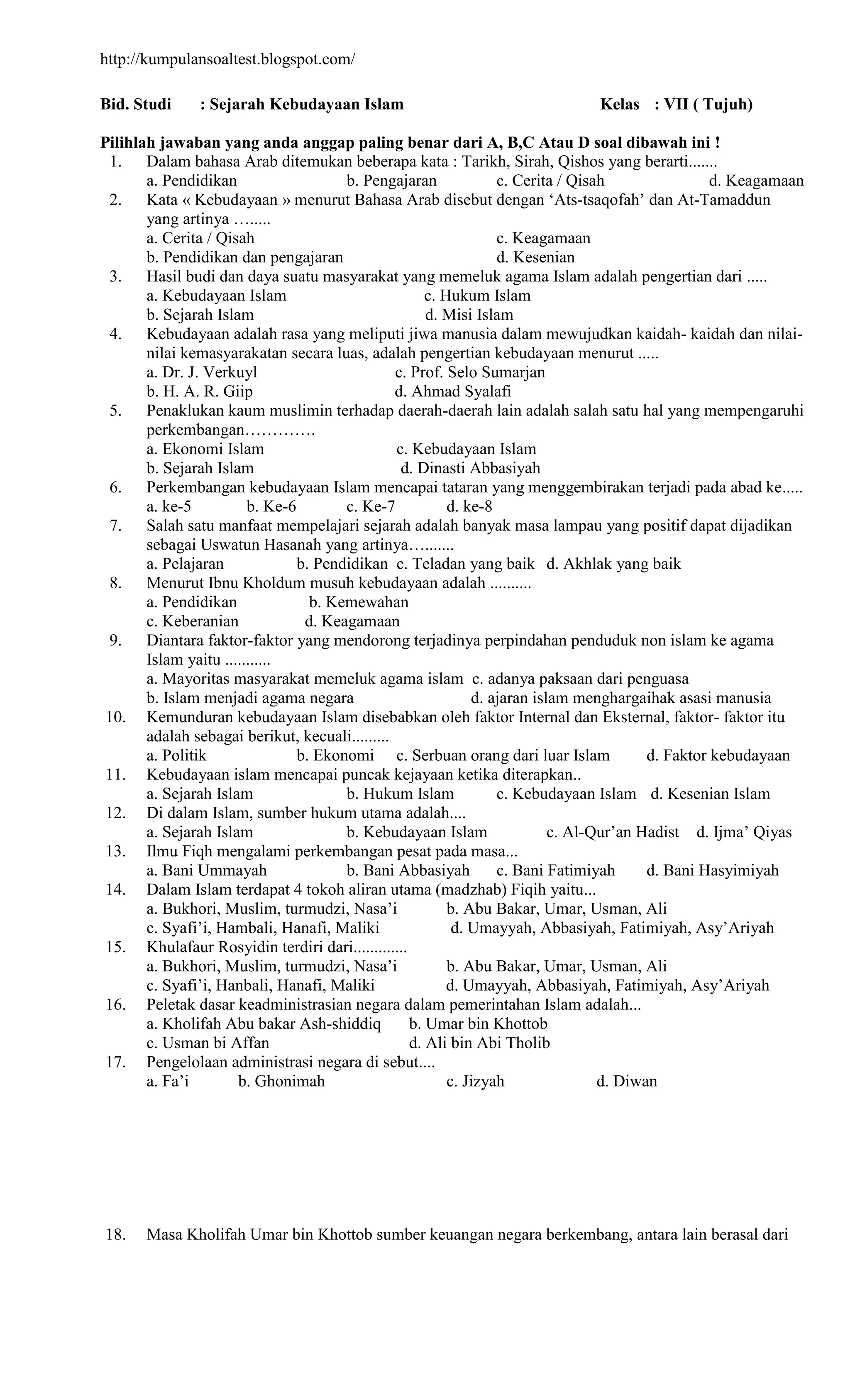 Soal & Kunci Jawaban SKI Kelas 7 Semester 2 (2022) Soal & Kunci Jawaban SKI Kelas 7 Semester 2 (2022)