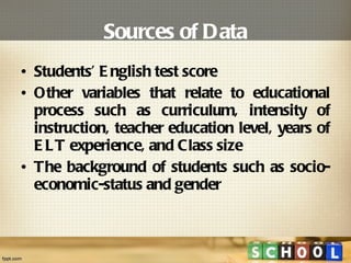 Sources of Data Students’ English test score Other variables that relate to educational process such as curriculum, intensity of instruction, teacher education level, years of ELT experience, and Class size The background of students such as socio-economic-status and gender  