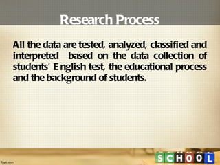 Research Process All the data are tested, analyzed, classified and interpreted  based on the data collection of students’ English test, the educational process and the background of students. 