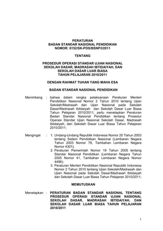 1
PERATURAN
BADAN STANDAR NASIONAL PENDIDIKAN
NOMOR: 0152/SK-POS/BSNP/I/2011
TENTANG
PROSEDUR OPERASI STANDAR UJIAN NASIONAL
SEKOLAH DASAR, MADRASAH IBTIDAIYAH, DAN
SEKOLAH DASAR LUAR BIASA
TAHUN PELAJARAN 2010/2011
DENGAN RAHMAT TUHAN YANG MAHA ESA
BADAN STANDAR NASIONAL PENDIDIKAN
Menimbang : bahwa dalam rangka pelaksanaan Peraturan Menteri
Pendidikan Nasional Nomor 2 Tahun 2010 tentang Ujian
Sekolah/Madrasah dan Ujian Nasional pada Sekolah
Dasar/Madrasah Ibtidaiyah dan Sekolah Dasar Luar Biasa
Tahun Pelajaran 2010/2011, perlu menetapkan Peraturan
Badan Standar Nasional Pendidikan tentang Prosedur
Operasi Standar Ujian Nasional Sekolah Dasar, Madrasah
Ibtidaiyah, dan Sekolah Dasar Luar Biasa Tahun Pelajaran
2010/2011;
Mengingat : 1. Undang-Undang Republik Indonesia Nomor 20 Tahun 2003
tentang Sistem Pendidikan Nasional (Lembaran Negara
Tahun 2003 Nomor 78, Tambahan Lembaran Negara
Nomor 4301);
2. Peraturan Pemerintah Nomor 19 Tahun 2005 tentang
Standar Nasional Pendidikan (Lembaran Negara Tahun
2005 Nomor 41, Tambahan Lembaran Negara Nomor
4496);
3. Peraturan Menteri Pendidikan Nasional Republik Indonesia
Nomor 2 Tahun 2010 tentang Ujian Sekolah/Madrasah dan
Ujian Nasional pada Sekolah Dasar/Madrasah Ibtidaiyah
dan Sekolah Dasar Luar Biasa Tahun Pelajaran 2010/2011;
MEMUTUSKAN
Menetapkan : PERATURAN BADAN STANDAR NASIONAL TENTANG
PROSEDUR OPERASI STANDAR UJIAN NASIONAL
SEKOLAH DASAR, MADRASAH IBTIDAIYAH, DAN
SEKOLAH DASAR LUAR BIASA TAHUN PELAJARAN
2010/2011
 