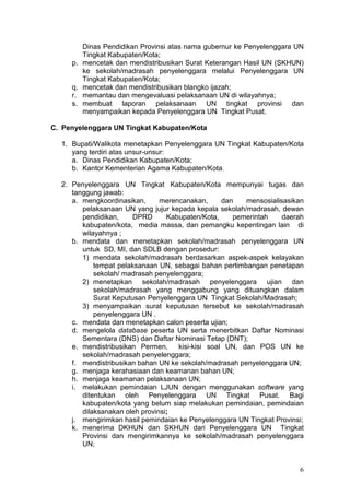 6
Dinas Pendidikan Provinsi atas nama gubernur ke Penyelenggara UN
Tingkat Kabupaten/Kota;
p. mencetak dan mendistribusikan Surat Keterangan Hasil UN (SKHUN)
ke sekolah/madrasah penyelenggara melalui Penyelenggara UN
Tingkat Kabupaten/Kota;
q. mencetak dan mendistribusikan blangko ijazah;
r. memantau dan mengevaluasi pelaksanaan UN di wilayahnya;
s. membuat laporan pelaksanaan UN tingkat provinsi dan
menyampaikan kepada Penyelenggara UN Tingkat Pusat.
C. Penyelenggara UN Tingkat Kabupaten/Kota
1. Bupati/Walikota menetapkan Penyelenggara UN Tingkat Kabupaten/Kota
yang terdiri atas unsur-unsur:
a. Dinas Pendidikan Kabupaten/Kota;
b. Kantor Kementerian Agama Kabupaten/Kota.
2. Penyelenggara UN Tingkat Kabupaten/Kota mempunyai tugas dan
tanggung jawab:
a. mengkoordinasikan, merencanakan, dan mensosialisasikan
pelaksanaan UN yang jujur kepada kepala sekolah/madrasah, dewan
pendidikan, DPRD Kabupaten/Kota, pemerintah daerah
kabupaten/kota, media massa, dan pemangku kepentingan lain di
wilayahnya ;
b. mendata dan menetapkan sekolah/madrasah penyelenggara UN
untuk SD, MI, dan SDLB dengan prosedur:
1) mendata sekolah/madrasah berdasarkan aspek-aspek kelayakan
tempat pelaksanaan UN, sebagai bahan pertimbangan penetapan
sekolah/ madrasah penyelenggara;
2) menetapkan sekolah/madrasah penyelenggara ujian dan
sekolah/madrasah yang menggabung yang dituangkan dalam
Surat Keputusan Penyelenggara UN Tingkat Sekolah/Madrasah;
3) menyampaikan surat keputusan tersebut ke sekolah/madrasah
penyelenggara UN .
c. mendata dan menetapkan calon peserta ujian;
d. mengelola database peserta UN serta menerbitkan Daftar Nominasi
Sementara (DNS) dan Daftar Nominasi Tetap (DNT);
e. mendistribusikan Permen, kisi-kisi soal UN, dan POS UN ke
sekolah/madrasah penyelenggara;
f. mendistribusikan bahan UN ke sekolah/madrasah penyelenggara UN;
g. menjaga kerahasiaan dan keamanan bahan UN;
h. menjaga keamanan pelaksanaan UN;
i. melakukan pemindaian LJUN dengan menggunakan software yang
ditentukan oleh Penyelenggara UN Tingkat Pusat. Bagi
kabupaten/kota yang belum siap melakukan pemindaian, pemindaian
dilaksanakan oleh provinsi;
j. mengirimkan hasil pemindaian ke Penyelenggara UN Tingkat Provinsi;
k. menerima DKHUN dan SKHUN dari Penyelenggara UN Tingkat
Provinsi dan mengirimkannya ke sekolah/madrasah penyelenggara
UN;
 