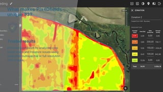 What makes Pix4Dfields
unique #3?
Trusted results
Eliminate guesswork by analyzing crop
health maps and measure issues using
calibrated multispectral or full resolution
RGB images.
 