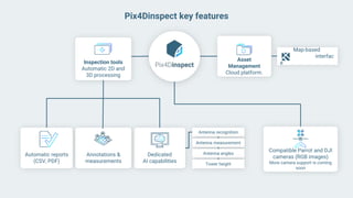 Map-based
interfac
e
Compatible Parrot and DJI
cameras (RGB images)
More camera support is coming
soon
Inspection tools
Automatic 2D and
3D processing
Dedicated
AI capabilities
Automatic reports
(CSV, PDF)
Annotations &
measurements
Asset
Management
Cloud platform.
Antenna recognition
Antenna measurement
Antenna angles
Tower height
Pix4Dinspect key features
 