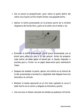  Con el pincel en perpenticular, girar sobre la punta deltro del
vasito con el polvo acrílico hasta formar una pequeña bolita.
 Aplicar la bolita presionando en la primera parte de la división
imaginaria del borde libre, justo en la unión con el molde o tip.

 Extendel la bolita presionando con el pincel presionando con el
pincel para adherirla bien a la uña natural. Antes de preparar
cada bolita, se debe pasar el pincel por el líquido limpiador o
acetona pura y frotar en un papel absorvente para mantenerlo
limpio.
 Despues de modelar la punta, aplicar otra bolita en un lateral de
la uña, presionando el producto y dejándolo más delgado hacia los
laterales y la cutícula.
 Realizar la misma operación en el otro lado vigilando la curva C
(más fuerte en el centro y delgada en laterales y punta).
 Una vez seco si hemos colocado los moldes ya podemos retirarlos

Aclys Formación

 
