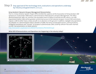 Step 3                      Stay apprised of the technology tests, evaluations and operations underway
                            by industry and government continued....

              Army Aviation’s Dynamic Airspace Management Demonstration
              The U.S. Army’s Aviation System Project Office briefed the audience at the Association of Army Aviation UAV
              Symposium in December 2008 about a demonstration titled Dynamic Airspace Management. The office
              demonstrated that UAVs can maintain the equivalent level of safety of manned aircraft, which is an FAA
              requirement before UAVs will be granted unrestricted access to the national airspace. Current FAA restrictions
              require a UAV to either have a chase aircraft or an observer on the ground. In addition, daylight only operations
              are allowed. In a demonstration held in October of 2008, the Army incorporated sensors, communications,
              mitigation procedures and “tunnels” of airspace to demonstrate UAVs could fly collision free with manned
              aircraft. See presentation on AAAA website:
              http://www.quad-a.org/Symposiums/08UAS/Presentations/Potts%20COL.ppt

              What ADS-B Demonstrations and Operations Are Happening in the Industry today?




16
© Copyright 2009, Rockwell Collins, Inc. All rights reserved. All logos, trademarks or service marks used herein are the property of their respective owners.
 