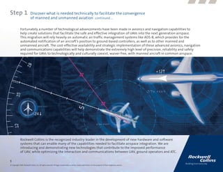 Step 1                      Discover what is needed technically to facilitate the convergence
                            of manned and unmanned aviation continued....

              Fortunately a number of technological advancements have been made in avionics and navigation capabilities to
              help create solutions that facilitate the safe and effective integration of UAVs into the next generation airspace.
              This migration will rely heavily on automatic air traffic management systems like ADS-B, which provides for the
              automated notification of an aircraft’s position to ground-based controllers, as well as to other manned and
              unmanned aircraft. The cost-effective availability and strategic implementation of these advanced avionics, navigation
              and communications capabilities will help demonstrate the extremely high level of precision, reliability and safety
              required for UAVs to technologically and culturally coexist, waiver free, with manned aircraft in common airspace.




              Rockwell Collins is the recognized industry leader in the development of new hardware and software
              systems that can enable many of the capabilities needed to facilitate airspace integration. We are
              introducing and demonstrating new technologies that contribute to the improved performance
              of UAV, while optimizing the interaction and communications between UAV, ground operators and ATC.

5
© Copyright 2009, Rockwell Collins, Inc. All rights reserved. All logos, trademarks or service marks used herein are the property of their respective owners.
 