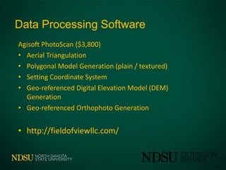 Data Processing Software
Agisoft PhotoScan ($3,800)
• Aerial Triangulation
• Polygonal Model Generation (plain / textured)
• Setting Coordinate System
• Geo-referenced Digital Elevation Model (DEM)
Generation
• Geo-referenced Orthophoto Generation
• http://fieldofviewllc.com/
 
