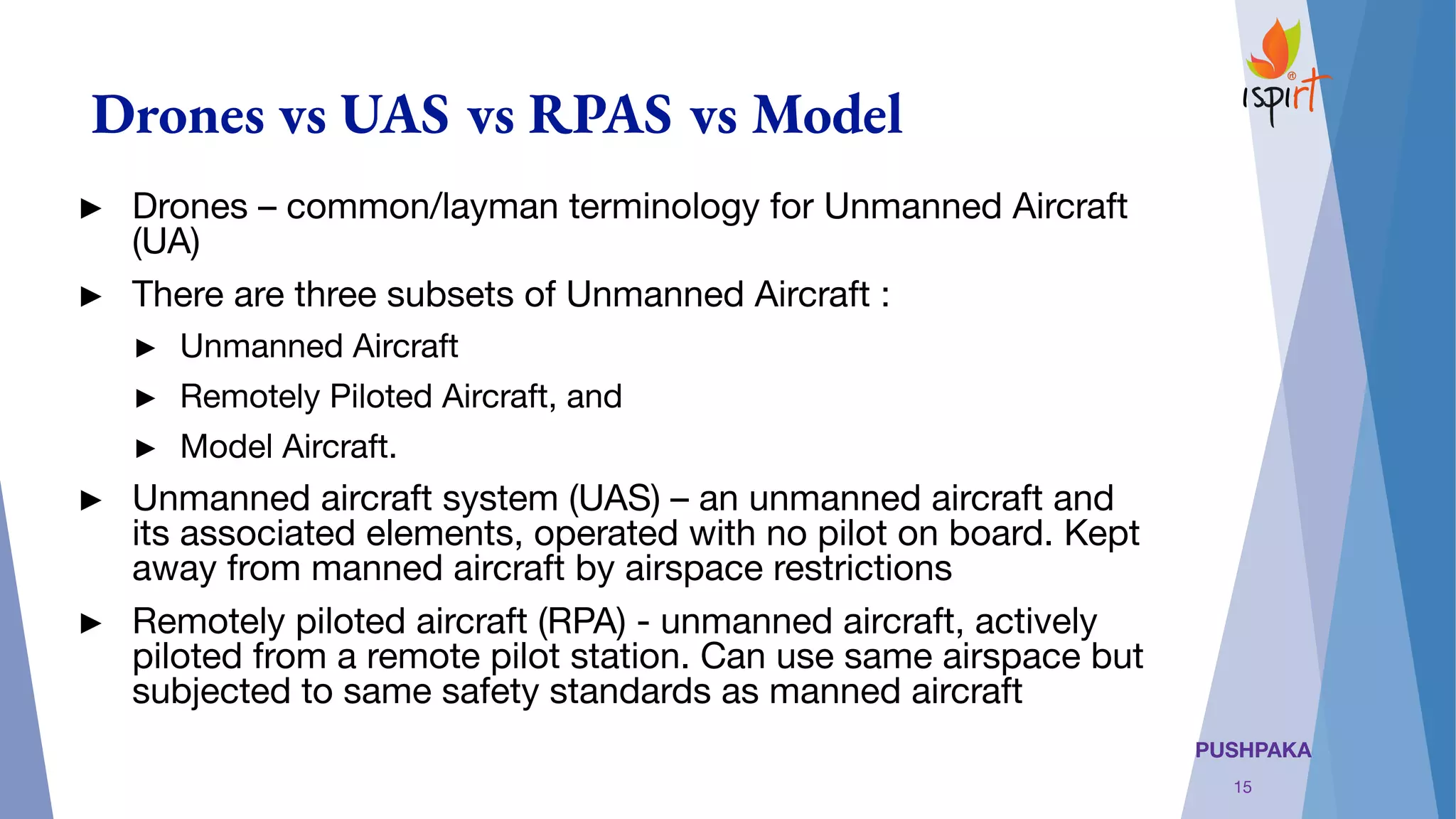 PUSHPAKA
Drones vs UAS vs RPAS vs Model
15
► Drones – common/layman terminology for Unmanned Aircraft
(UA)
► There are three subsets of Unmanned Aircraft :
► Unmanned Aircraft
► Remotely Piloted Aircraft, and
► Model Aircraft.
► Unmanned aircraft system (UAS) – an unmanned aircraft and
its associated elements, operated with no pilot on board. Kept
away from manned aircraft by airspace restrictions
► Remotely piloted aircraft (RPA) - unmanned aircraft, actively
piloted from a remote pilot station. Can use same airspace but
subjected to same safety standards as manned aircraft
 