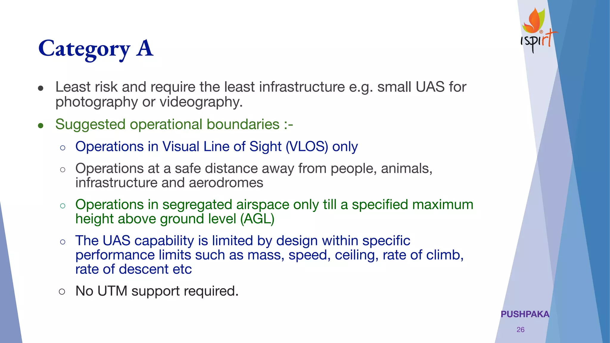 PUSHPAKA
Category A
● Least risk and require the least infrastructure e.g. small UAS for
photography or videography.
● Suggested operational boundaries :-
○ Operations in Visual Line of Sight (VLOS) only
○ Operations at a safe distance away from people, animals,
infrastructure and aerodromes
○ Operations in segregated airspace only till a speciﬁed maximum
height above ground level (AGL)
○ The UAS capability is limited by design within speciﬁc
performance limits such as mass, speed, ceiling, rate of climb,
rate of descent etc
○ No UTM support required.
26
 