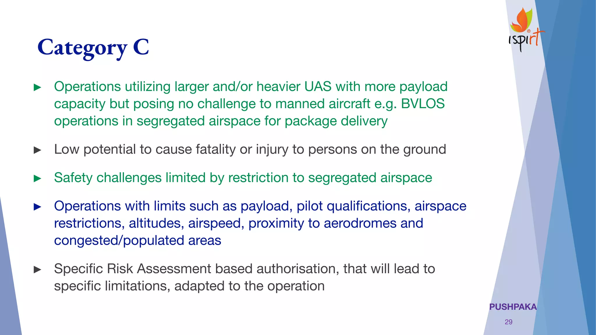 PUSHPAKA
Category C
► Operations utilizing larger and/or heavier UAS with more payload
capacity but posing no challenge to manned aircraft e.g. BVLOS
operations in segregated airspace for package delivery
► Low potential to cause fatality or injury to persons on the ground
► Safety challenges limited by restriction to segregated airspace
► Operations with limits such as payload, pilot qualiﬁcations, airspace
restrictions, altitudes, airspeed, proximity to aerodromes and
congested/populated areas
► Speciﬁc Risk Assessment based authorisation, that will lead to
speciﬁc limitations, adapted to the operation
29
 