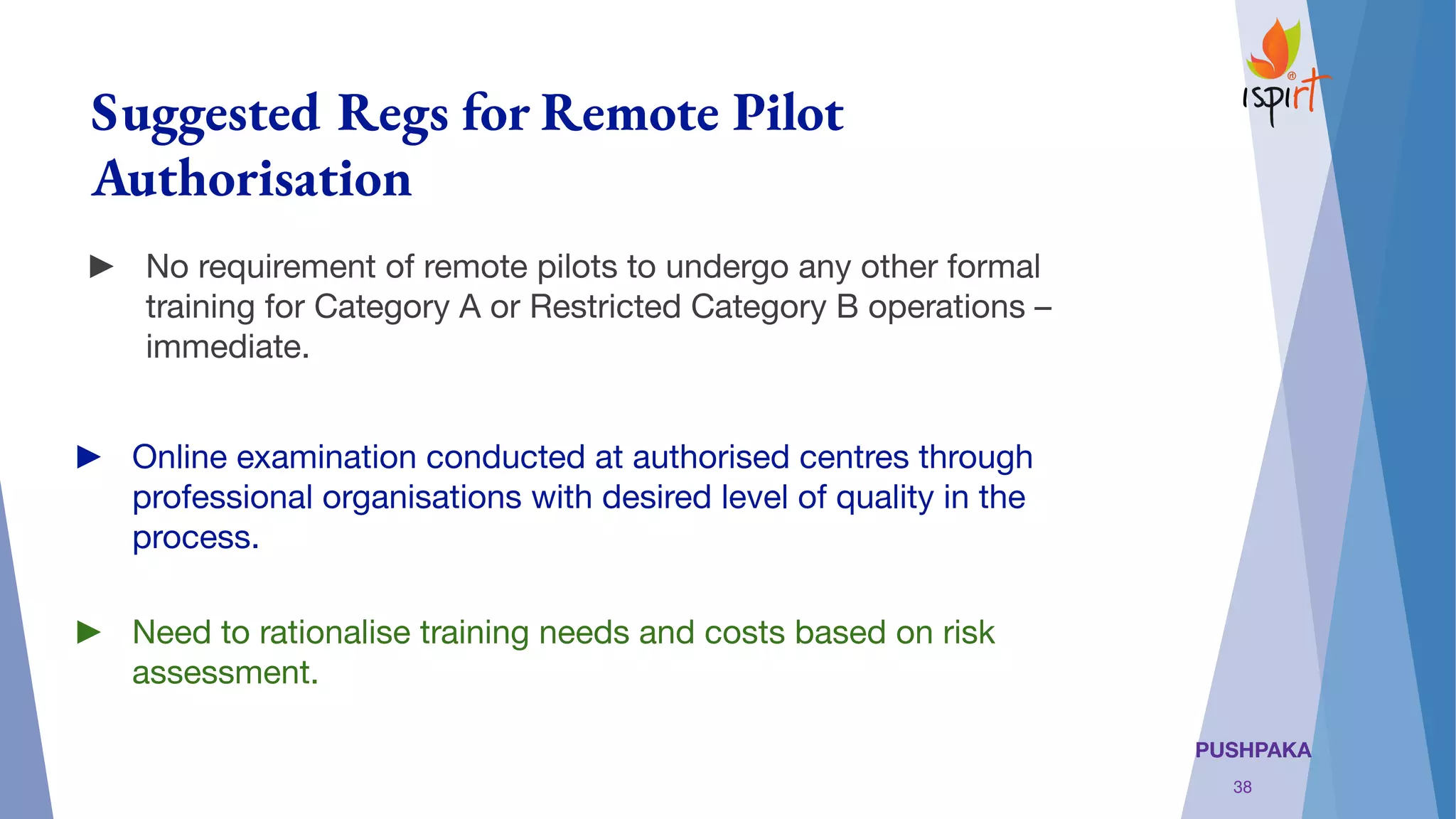 PUSHPAKA
Suggested Regs for Remote Pilot
Authorisation
► No requirement of remote pilots to undergo any other formal
training for Category A or Restricted Category B operations –
immediate.
► Online examination conducted at authorised centres through
professional organisations with desired level of quality in the
process.
► Need to rationalise training needs and costs based on risk
assessment.
38
 