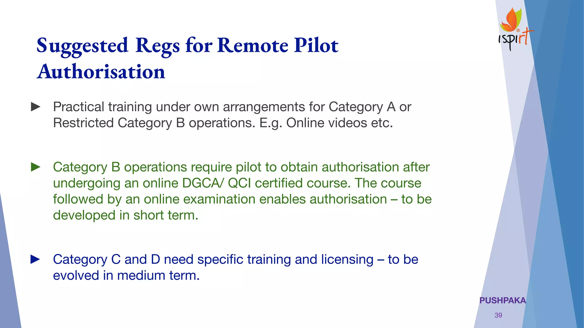 PUSHPAKA
Suggested Regs for Remote Pilot
Authorisation
► Practical training under own arrangements for Category A or
Restricted Category B operations. E.g. Online videos etc.
► Category B operations require pilot to obtain authorisation after
undergoing an online DGCA/ QCI certiﬁed course. The course
followed by an online examination enables authorisation – to be
developed in short term.
► Category C and D need speciﬁc training and licensing – to be
evolved in medium term.
39
 