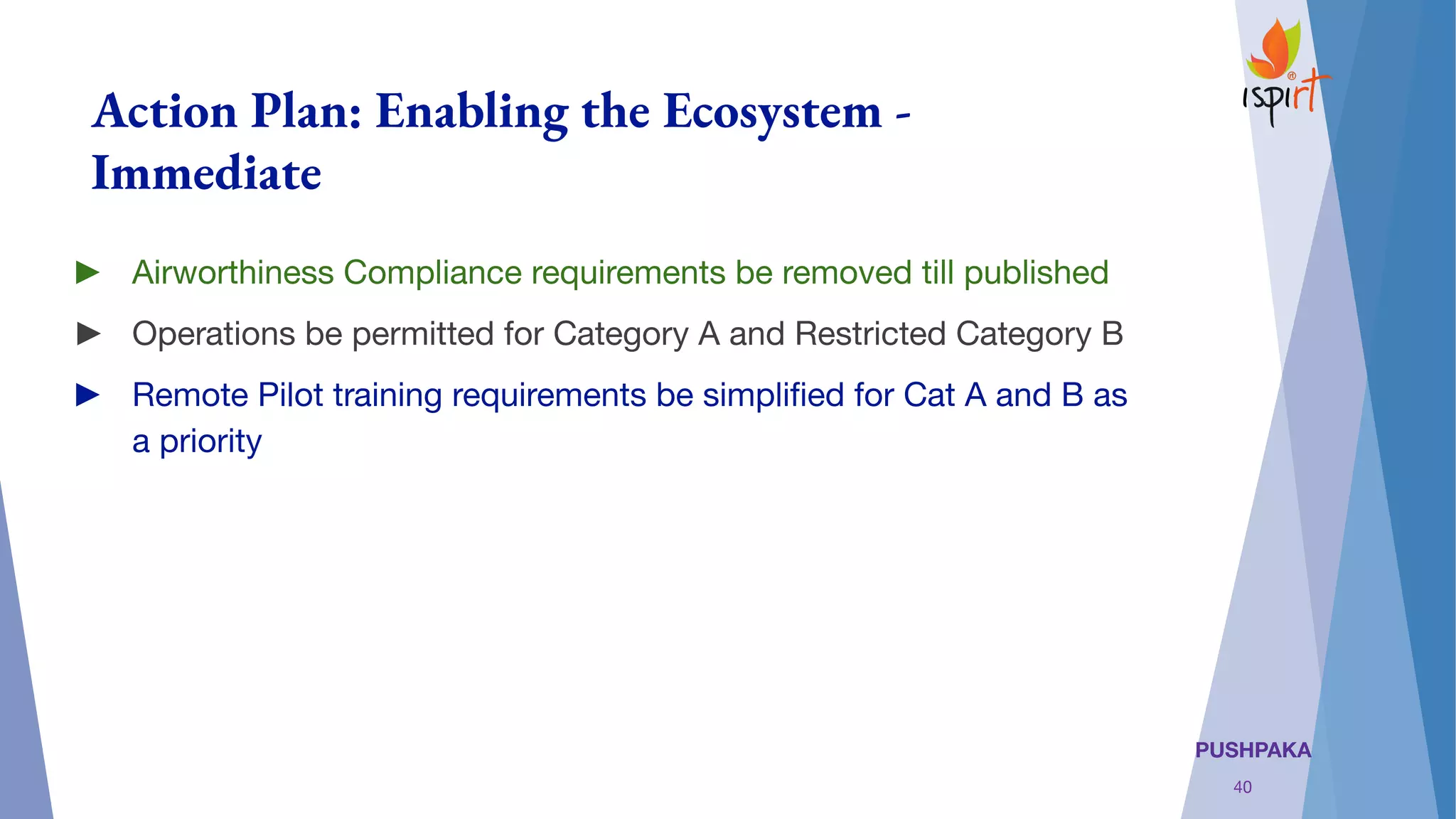 PUSHPAKA
Action Plan: Enabling the Ecosystem -
Immediate
► Airworthiness Compliance requirements be removed till published
► Operations be permitted for Category A and Restricted Category B
► Remote Pilot training requirements be simpliﬁed for Cat A and B as
a priority
40
 