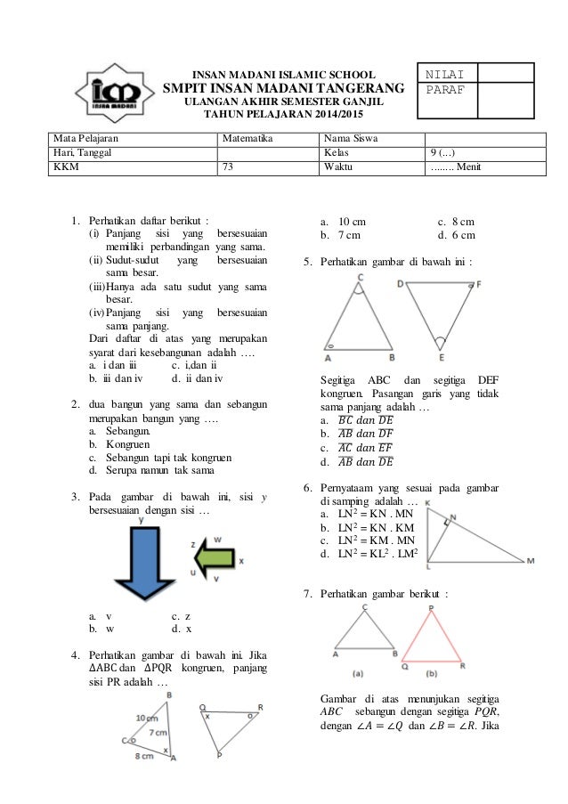 Contoh Soal Matematika Kelas 9 Semester 1 Kurikulum 2013 Dunia Sekolah ID