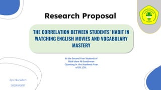 THE CORRELATION BETWEEN STUDENTS’ HABIT IN
WATCHING ENGLISH MOVIES AND VOCABULARY
MASTERY
At the Second Year Students of
SMA Islam PB Soedirman
Cijantung in the Academic Year
of 20../20..
Research Proposal
Ayu Eka Safitri
20218100017
 
