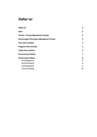 Daftar Isi
Daftar Isi 2
Soal 2
Proses - Proses Manajemen Proyek 2
Keuntungan Penerapan Manajemen Proyek 3
Fitur dan Fasili...
