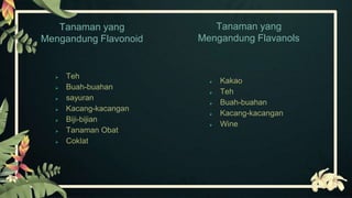 Tanaman yang
Mengandung Flavonoid
 Teh
 Buah-buahan
 sayuran
 Kacang-kacangan
 Biji-bijian
 Tanaman Obat
 Coklat
Tanaman yang
Mengandung Flavanols
 Kakao
 Teh
 Buah-buahan
 Kacang-kacangan
 Wine
 