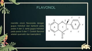 FLAVONOL
memiliki cincin flavonoida dengan
gugus hidroksil dan karbonil pada
posisi 4 dan 3, serta gugus hidroksil
pada posisi 5 dan 7. Contoh flavonol
adalah quercetin dan kaempferol.
 