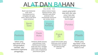 The Power of PowerPoint - thepopp.com
SLIDE 18
ALAT DAN BAHAN
Pestisida
Benih
Sawi
Plastik
Mulsa
Pupuk
Kandang
Pupuk
ZA
Ponska
Plastik
bahan yang
digunakan untuk
mengendalikan,
menolak, atau
membasmi organisme
pengganggu.
Benih sawi berbentuk
bulat, kecil.
Permukaannya licin
mengkilap dan agak
keras. Warna kulit benih
coklat kehitaman
lembaran plastik penutup
yang bertujuan untuk
melindungi permukaan
tanah dari erosi, menjaga
kelembaban dan struktur
tanah, serta menghambat
pertumbuhan gulma
pupuk kimia buatan yang
dirancang untuk memberi
tambahan hara nitrogen
dan belerang bagi
tanaman.
Plastik yang
digunakan untuk
packaging dengan
tebal 0.5 mm
olahan kotoran hewan,
biasanya ternak, yang
diberikan pada lahan
pertanian untuk
memperbaiki kesuburan
dan struktur tanah.
pupuk yang terdiri
atas lebih dari satu
unsur hara dan
memiliki banyak
keuntungan
 
